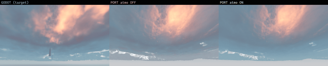 Atmosphere off vs on in the real production cloud and Godot