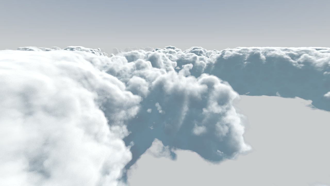 A towering volumetric cloudscape — our real production cloud rendered on the GPU